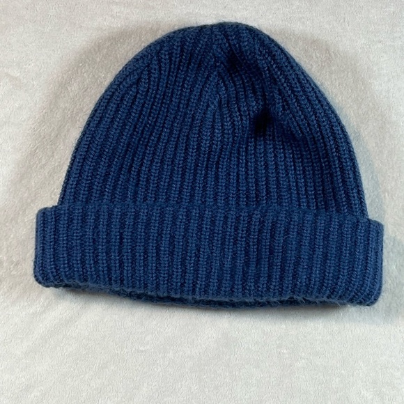 The North Face Blue Winter Beanie Winter Hat Ribbed Cotton Wool Front Logo - Picture 7 of 7